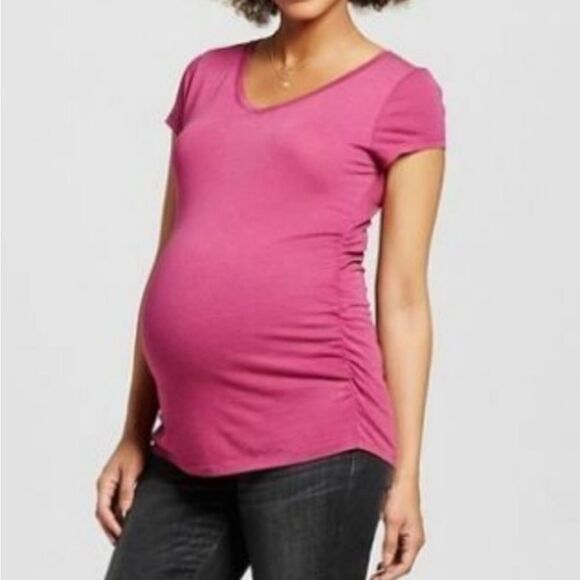 Liz Lange Maternity Solid Pink Tee XS Side Ruched Short Sleeve Maternity T-Shirt - Picture 2 of 7